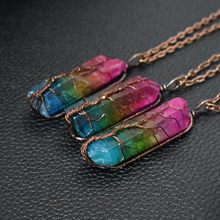 Natural Crystal Pillar Tree of Life Pendant – Hand-Wrapped Wire Stone Necklace – Spiritual Healing Jewelry for Women