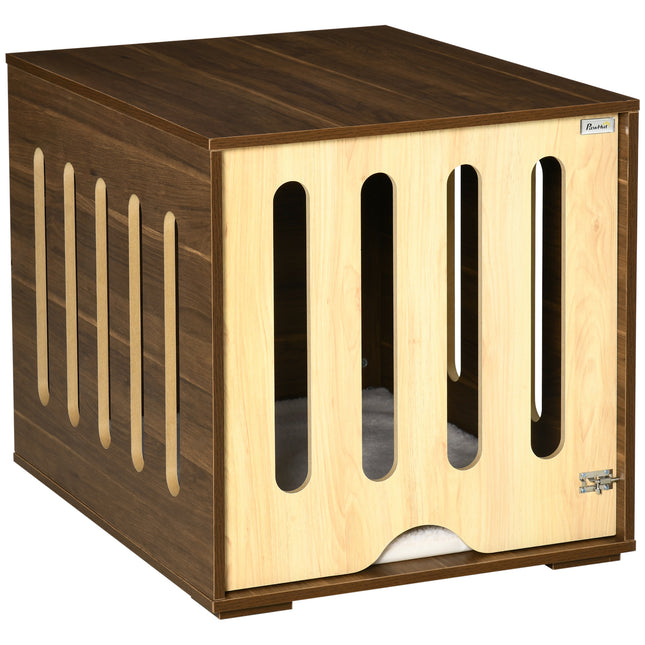 Furniture Style Dog Crate End Table – Wooden Pet Kennel with Removable Door Panel – Decorative Dog House with Foam Cushion & Safety Lock (Brown)