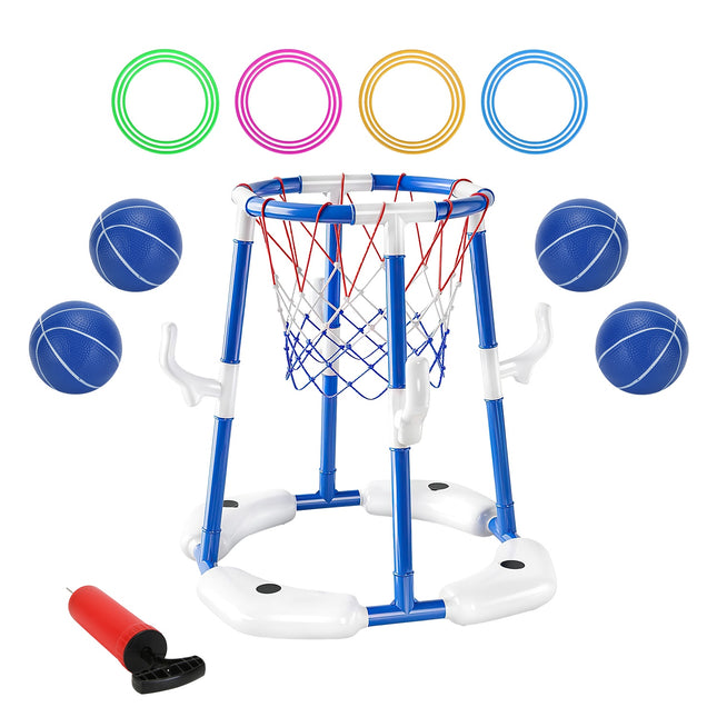 Floating Pool Basketball Hoop Set – 2-in-1 Water Game with 4 Balls & 4 Rings – Summer Swimming Pool Toy for Kids (3-12) & Adults