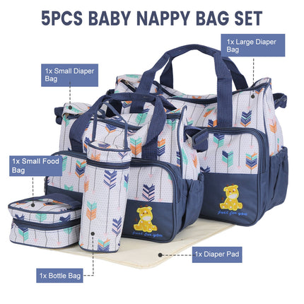 5-Piece Baby Diaper Bag Set – Multi-Functional Mummy Travel Handbag Bundle with Diaper Pad, Bottle Bag, and Food Bag