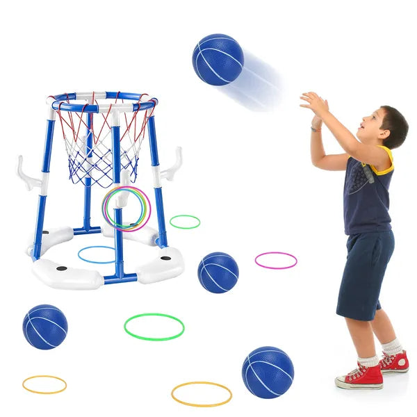 3-in-1 Floating Pool Basketball Hoop Set – Includes 4 Balls, 4 Toss Rings & Pump – Water Sport Games for Kids & Adults – Summer Pool Toy