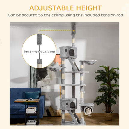 Floor-to-Ceiling Cat Tree Tower – 94.5" to 110.25" Height Adjustable Cat Climbing Post – Space-Saving Multi-Level Condo with Hammock & Scratching Posts