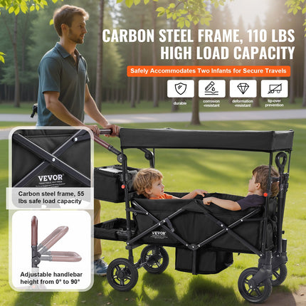 2-Seater Premium Wagon Stroller – Push/Pull Multi-Function Child Wagon – Collapsible Double Stroller with Adjustable Handle & Canopy – Black
