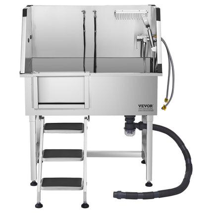 38-Inch Professional Stainless Steel Dog Grooming Tub – Pet Wash Station with Walk-In Stairs, Left Door & Faucet Set