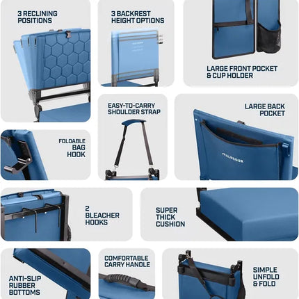Folding Reclining Stadium Seat with Back Support – Cushioned Extra Wide Bleacher Chair for Sports Games & Outdoor Events