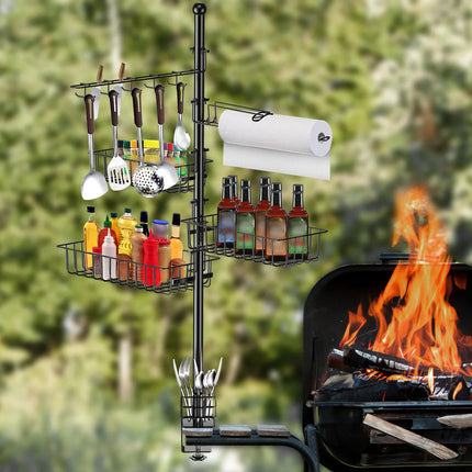ProGrill™ Multi-Functional Griddle Caddy – All-in-One Standing BBQ Rack with Hooks & Storage Baskets