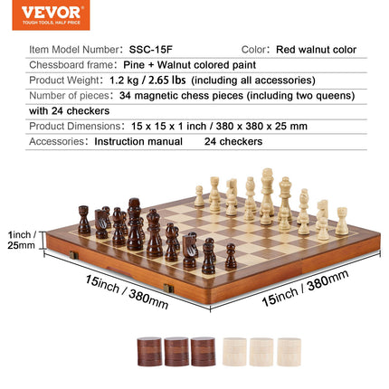 VEVOR 15" Magnetic Wooden Chess Set – 2-in-1 Chess & Checkers Combo – Folding Board with Storage Slots – Includes 2 Extra Queens – Professional Travel Set for Kids & Adults