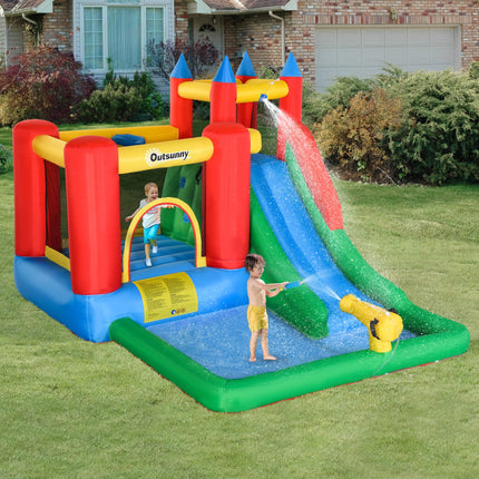 6-in-1 Inflatable Water Slide & Bounce House – Giant Bouncing Castle with Water Cannon, Climbing Wall & Splash Pool – Heavy Duty Outdoor Fun for Kids (Blower Included)