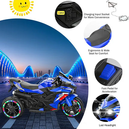 12V Electric Ride-On Motorcycle for Kids – Glowing LED Wheels & Bluetooth Music – Battery Powered Sport Bike with Training Wheels (Blue)