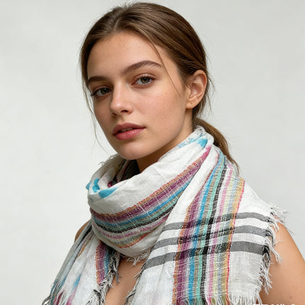 Colorful Striped Square Scarf with Fringes – Soft Viscose Shawl Wrap for Evening Parties & Daily Wear