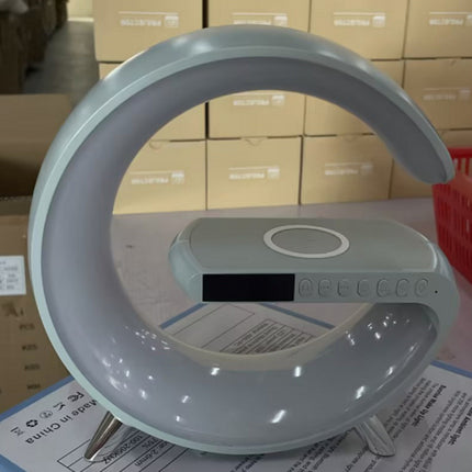 4-in-1 Smart G-Shape LED Atmosphere Lamp – Fast Wireless Charger, Bluetooth Speaker, & Sunrise Wake-Up Light – App Control RGB Nightstand Lamp