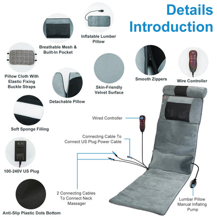 Advanced Full Body Electric Massage Mat – 10 Vibration Motors with Heat Therapy – 3D Neck Massager & Lumbar Support Pillow – Foldable Home Spa Mattress
