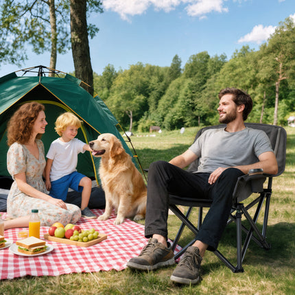 Heavy-Duty Folding Camping Chair – Portable Outdoor Lounge Chair with Side Pockets, Cup Holder & Carry Bag – Black & Gray