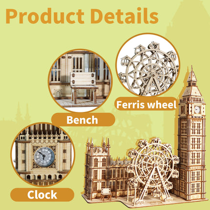 DIY Big Ben wooden puzzle kit shown as an architectural model