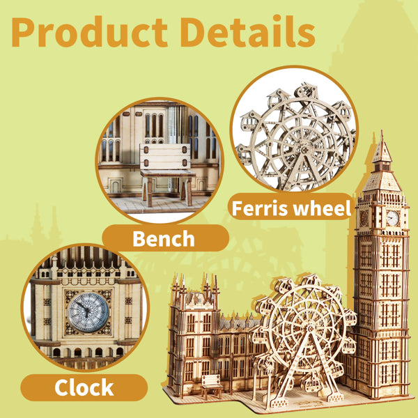 DIY Big Ben wooden puzzle kit shown as an architectural model