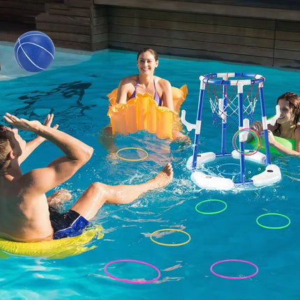 3-in-1 Floating Pool Basketball Hoop Set – Includes 4 Balls, 4 Toss Rings & Pump – Water Sport Games for Kids & Adults – Summer Pool Toy