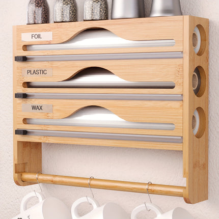 3-in-1 Sustainable Bamboo Cling Film & Foil Dispenser – Wall-Mounted Organizer with Paper Towel Holder