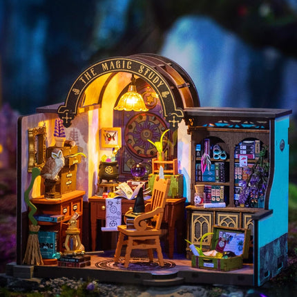 Robotime ROKR DIY Miniature House Kit – "Magic Study" Library – 3D Wooden Puzzle Room Kit with LED Lights – Creative Hobby Gift for Adults