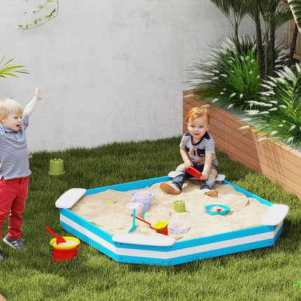 52" Kids Square Wooden Sandbox with 4 Corner Seats – Outdoor Garden Sandpit with Protective Bottom Liner – Blue Sensory Play Station