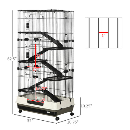 32" 6-Tier Large Small Animal Cage – Rolling Rabbit Hutch & Ferret Habitat – 6-Level Pet Mansion with Slide-Out Tray & Ramps