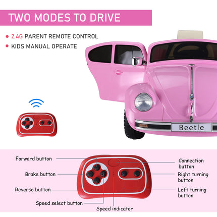 Licensed Volkswagen Beetle 12V Kids Electric Ride-On Car – Retro Style with Parental Remote Control & Extra Wide Safety Tires – Pink