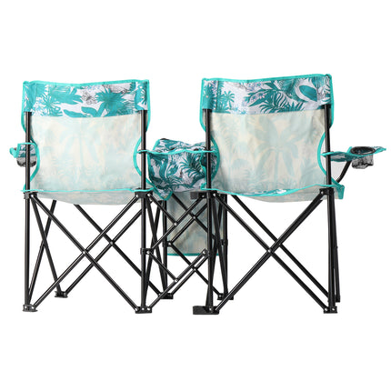 Double Folding Camping Chair Set with Removable Umbrella – 2-Seater Picnic Chair with Built-in Cooler Bag & Cup Holders – Blue