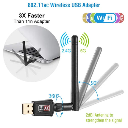AC600 Dual Band USB WiFi Adapter - 5G/2.4G Wireless Network Dongle with 2dBi External Antenna - High-Speed 802.11ac Wi-Fi Receiver for PC Desktop & Laptop