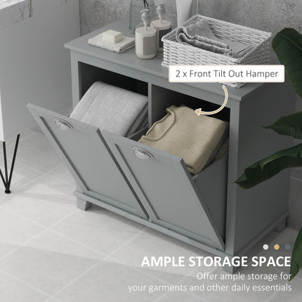 Double Tilt-Out Laundry Cabinet with 2 Removable Compartments – Space-Saving Bathroom Sorter – Contemporary Gray Finish