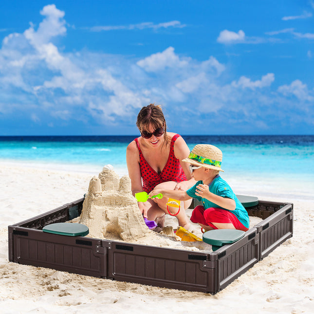 Kids Wooden Sandbox with 2 Storage Boxes – Foldable Bench Seats & Waterproof Cover – Outdoor Sandpit with Bottom Liner – Premium Backyard Playset