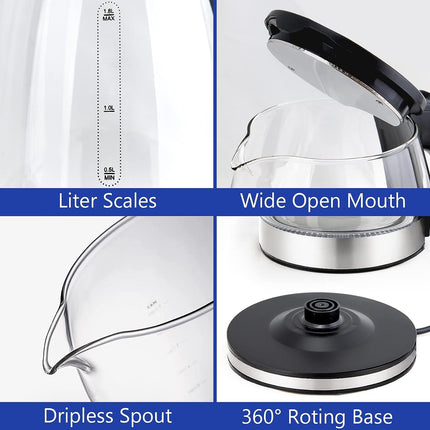 ProSafety™ Electric Water Kettle – 1.8L High-Capacity Glass Boiler – Cordless Base with 360° Swivel – BPA-Free Fast Heating Kettle