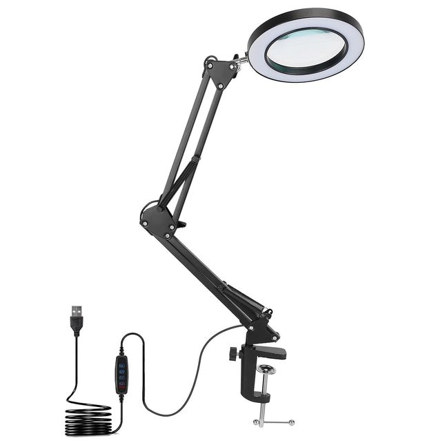 8X LED Magnifying Lamp with Clamp & Stand – 2-in-1 Swing Arm Desk Lamp – 3 Color Modes & 10 Brightness Levels for Craft, Repair, and Reading