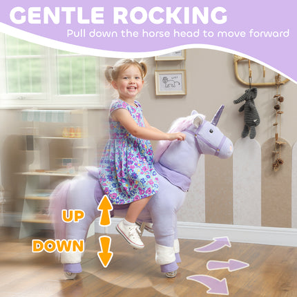 Battery-free plush unicorn ride-on with handlebars