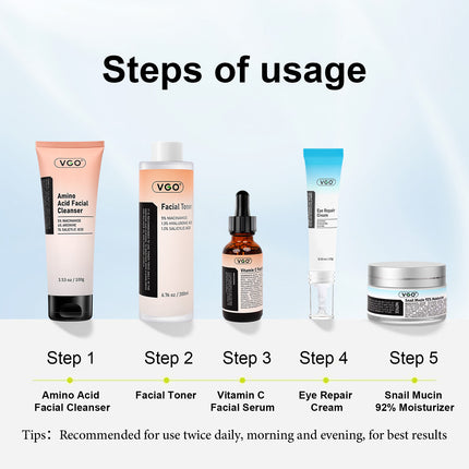 5-Step Radiant Glow & Repair System – Complete Daily Skincare Routine 
(Cleanser, Toner, Serum, Eye Cream & Moisturizer)