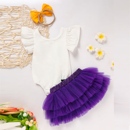 Baby Girl 3-Piece Tutu Set – Letter Print Onesie, Elastic Tulle Skirt & Bow Headband – Adorable First Birthday & Party Outfit
