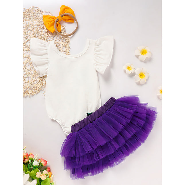 Baby Girl Mardi Gras 3-Piece Outfit Set – Ruffle Sleeve Letter Print Bodysuit, Mesh Tutu Skirt & Headband – Festive Carnival Costume