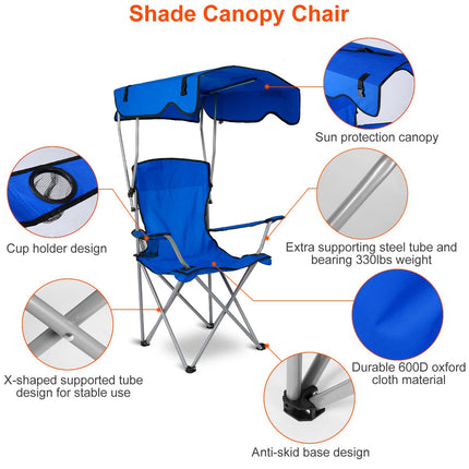 Heavy-Duty Ocean Blue Camping Chair with Canopy – 330lbs Capacity Folding Chair – Sunshade & Rain Shelter for Beach, Fishing & Patio