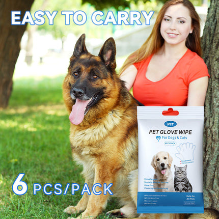 Rinse-Free Pet Grooming Glove Wipes – 6pcs Deodorizing Bathing Gloves for Dogs & Cats – No-Rinse Body & Paw Cleaning Wipes for Travel & Daily Care