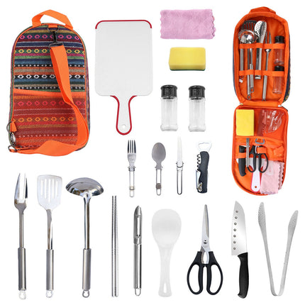 ProExplorer™ 19pcs Picnic Cookware Organizer – Heavy-Duty Campfire Utensil Set for BBQ, Hiking & Travel