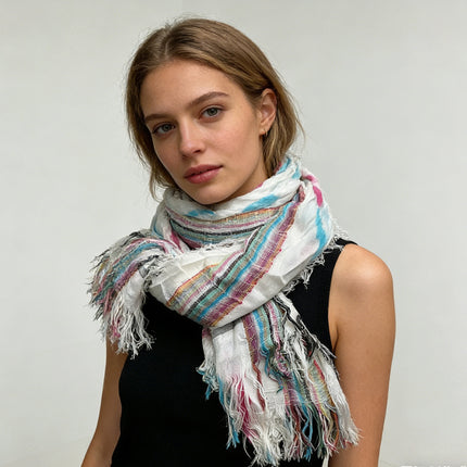 Colorful Striped Square Scarf with Fringes – Soft Viscose Shawl Wrap for Evening Parties & Daily Wear