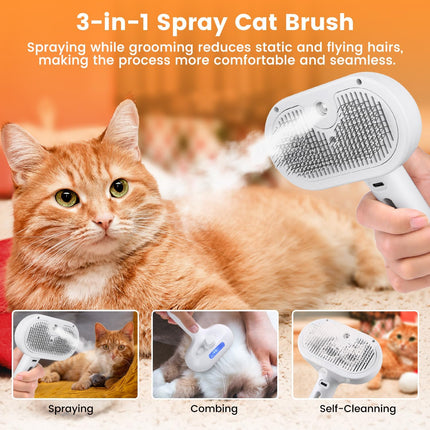 3-in-1 Steamy Cat Brush – Pet Steam Brush for Shedding & Grooming – Water Mist Spray Comb for Long & Short Haired Cats and Dogs – One-Click Hair Release