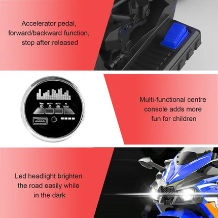 12V Electric Ride-On Motorcycle for Kids – Glowing LED Wheels & Bluetooth Music – Battery Powered Sport Bike with Training Wheels (Blue)