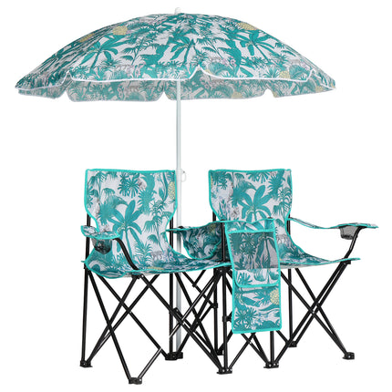 Double Folding Camping Chair Set with Removable Umbrella – 2-Seater Picnic Chair with Built-in Cooler Bag & Cup Holders – Blue