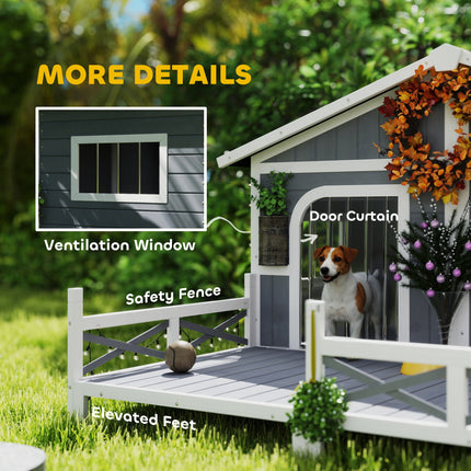 Luxury Double-Room Wooden Dog House with Porch – Openable Roof & Removable Floor – Weatherproof Outdoor Kennel for 2 Small/Medium Dogs (Gray)
