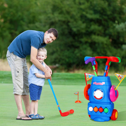 Kids Golf Club Set with Wheeled Golf Cart – Indoor & Outdoor Toddler Golf Game – Includes 4 Clubs, 4 Balls, 2 Holes & Flags – Sports Toy for Kids Ages 3-5