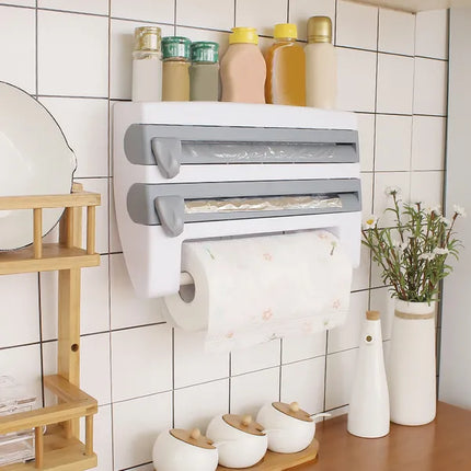 SmartCut™ Triple Roll Dispenser – Wall-Mounted Organizer for Cling Film, Foil, and Paper Towels