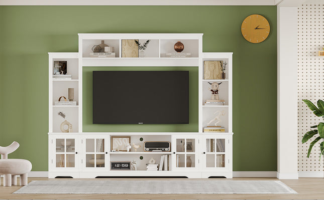 100" Modern Wall Unit TV Stand with Bookshelves – Media Entertainment Center for TVs up to 65" – Entertainment Center with Glass Doors & Open Shelving