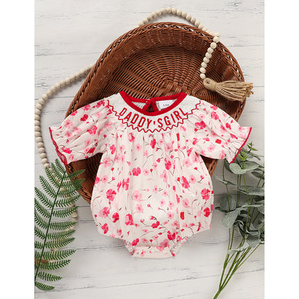 "Daddy's Girl" Smocked Baby Romper – Floral Print Princess Bodysuit – Hand-Embroidered Vintage Style Outfit for Infant Girls