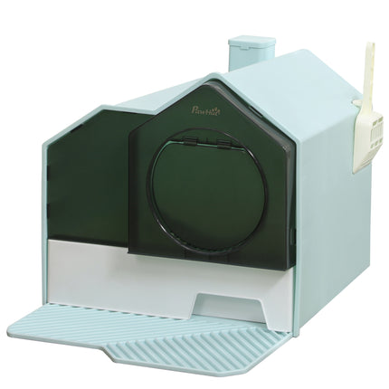 Hooded Cat Litter Box with Trapping Mat – Anti-Tracking Top Entry Litter Pan – Large Enclosed Kitty Washroom for Mess-Free Floors (Light Blue)