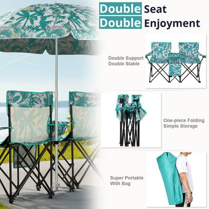 Double Folding Camping Chair Set with Removable Umbrella – 2-Seater Picnic Chair with Built-in Cooler Bag & Cup Holders – Blue