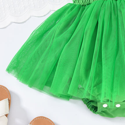 Baby Girl St. Patrick’s Day Tulle Romper Dress & Headband Set – Clover Embroidered Ruffle Sleeveless Jumpsuit